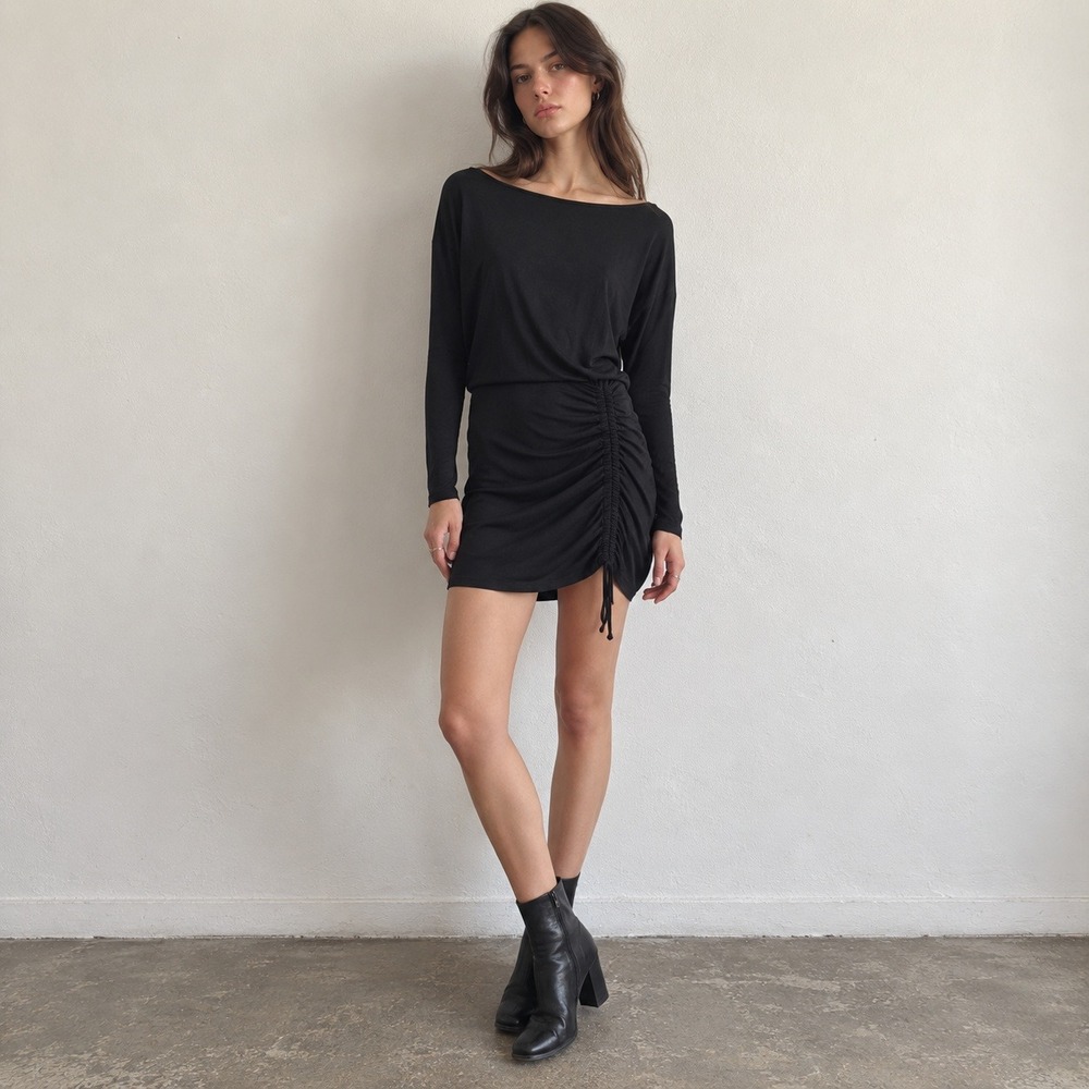 AllSaints Womens Dress XS Black Ruched Side Long Sleeve Boat Neck Mini Goth